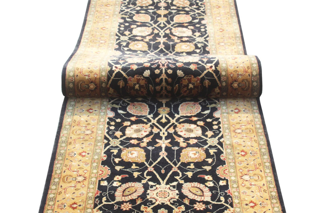 12 ft long Traditional oriental Style, Black & Gold New Zealand Wool Runner Rug