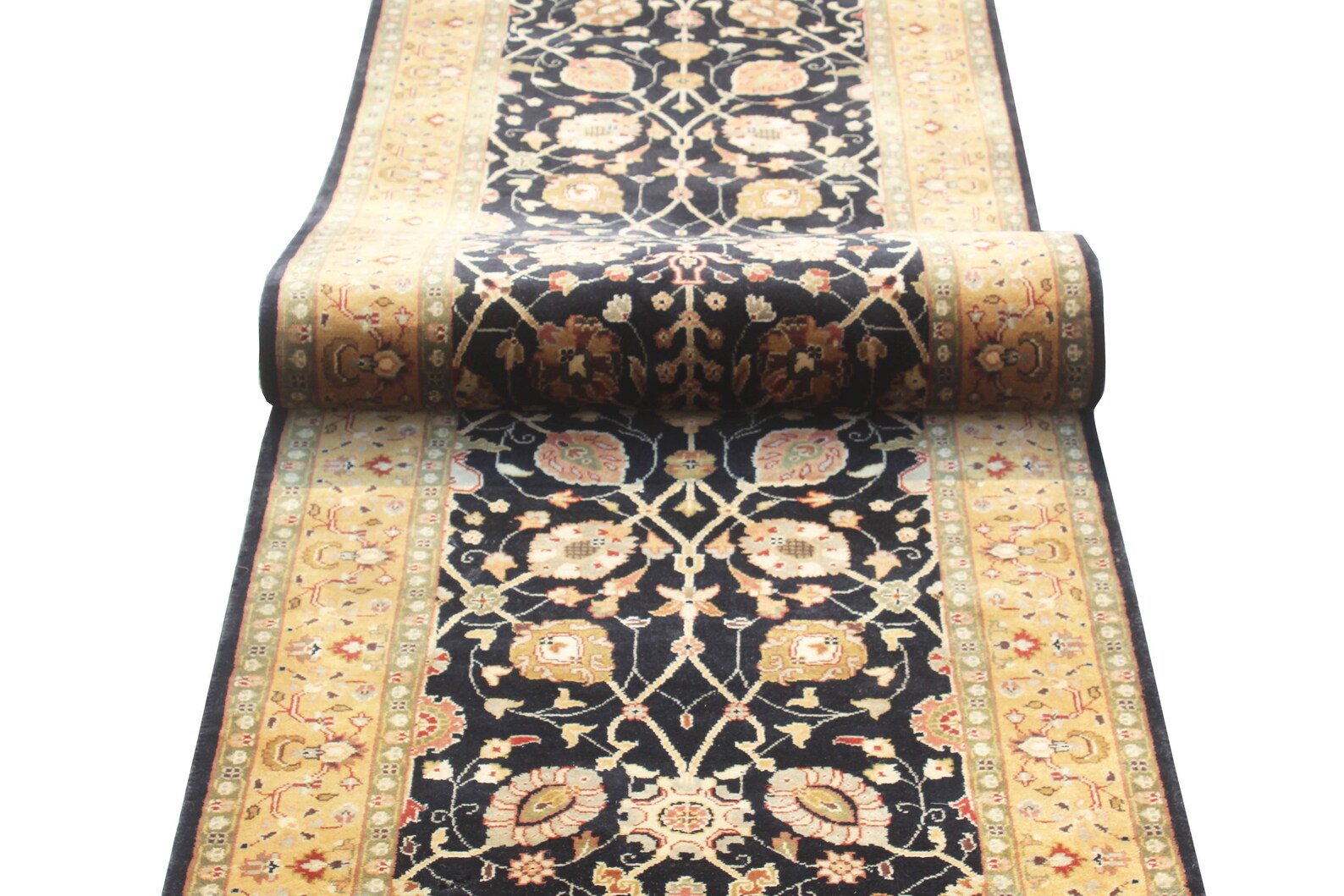 12 ft long Traditional oriental Style, Black & Gold New Zealand Wool Runner Rug