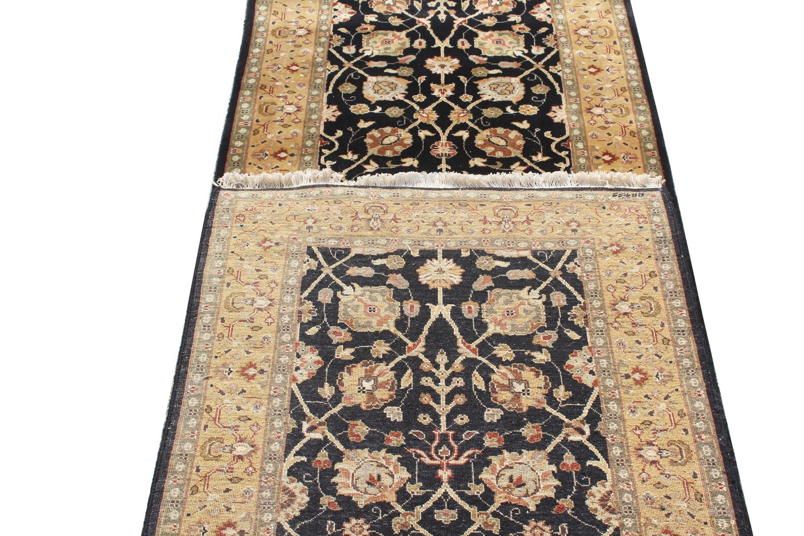 12 ft long Traditional oriental Style, Black & Gold New Zealand Wool Runner Rug