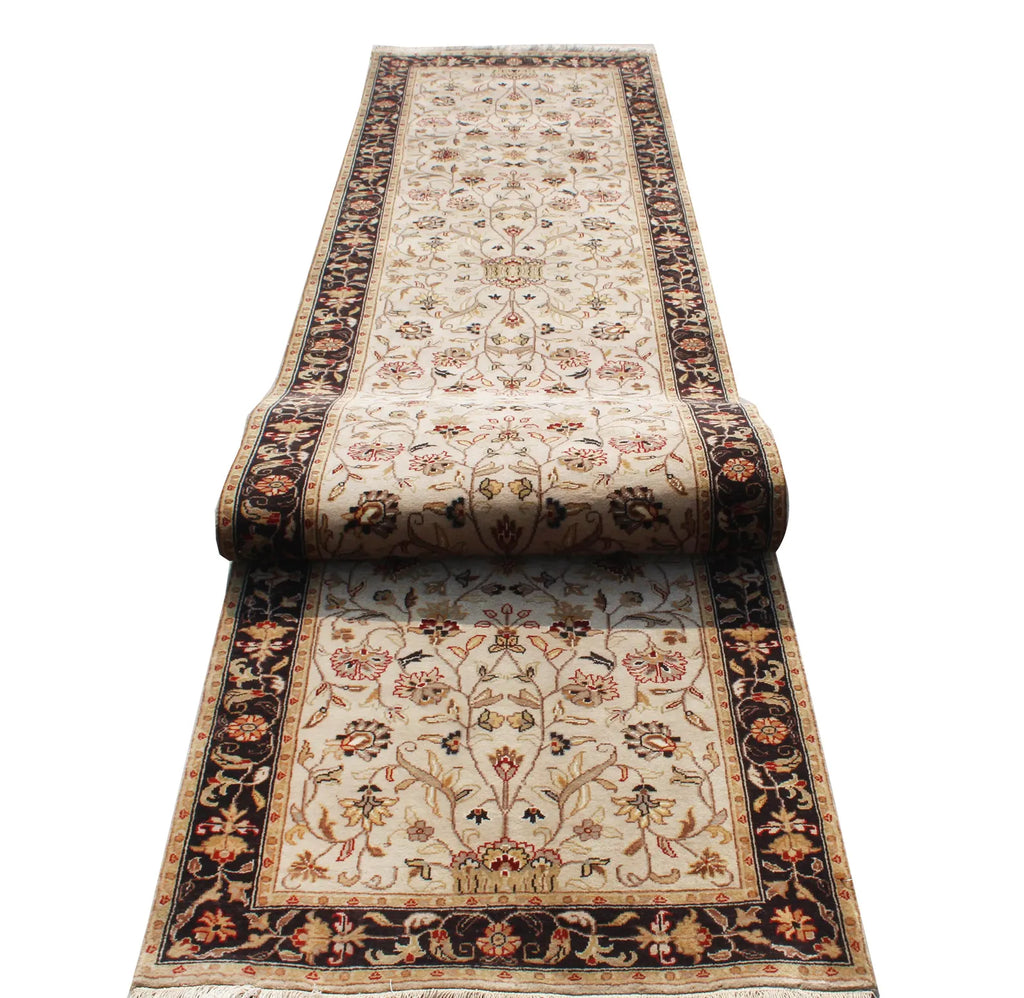 Hand-Knotted 12 ft ft Beige Black traditional Wool Runner Rug, Vintage Style Medallion Runner