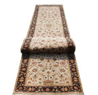 Hand-Knotted 12 ft ft Beige Black traditional Wool Runner Rug, Vintage Style Medallion Runner