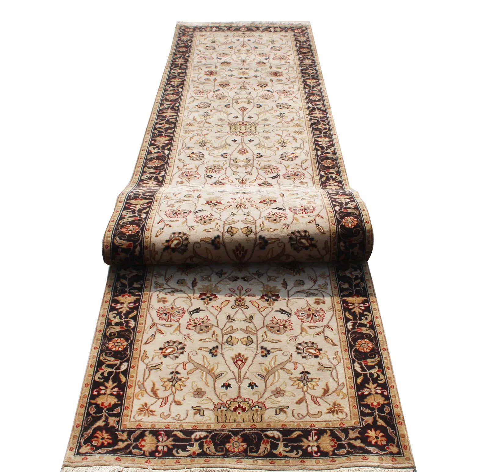 Hand-Knotted 12 ft ft Beige Black traditional Wool Runner Rug, Vintage Style Medallion Runner