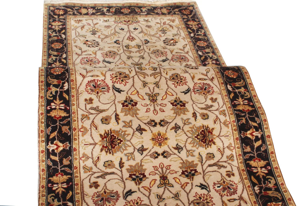 Hand-Knotted 12 ft ft Beige Black traditional Wool Runner Rug, Vintage Style Medallion Runner