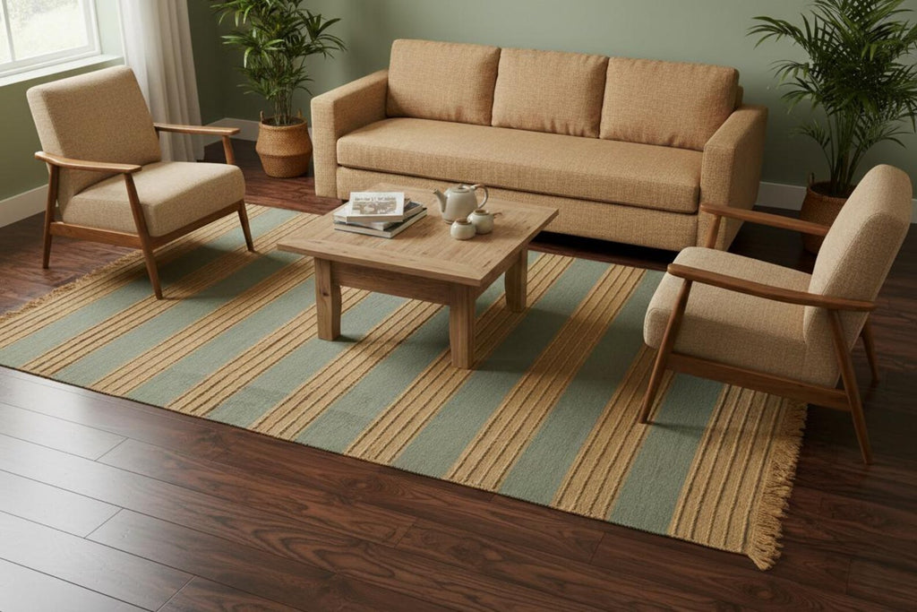 Handwoven Striped Jute Rug - 5x8 ft Natural & Aqua Boho Area Rug