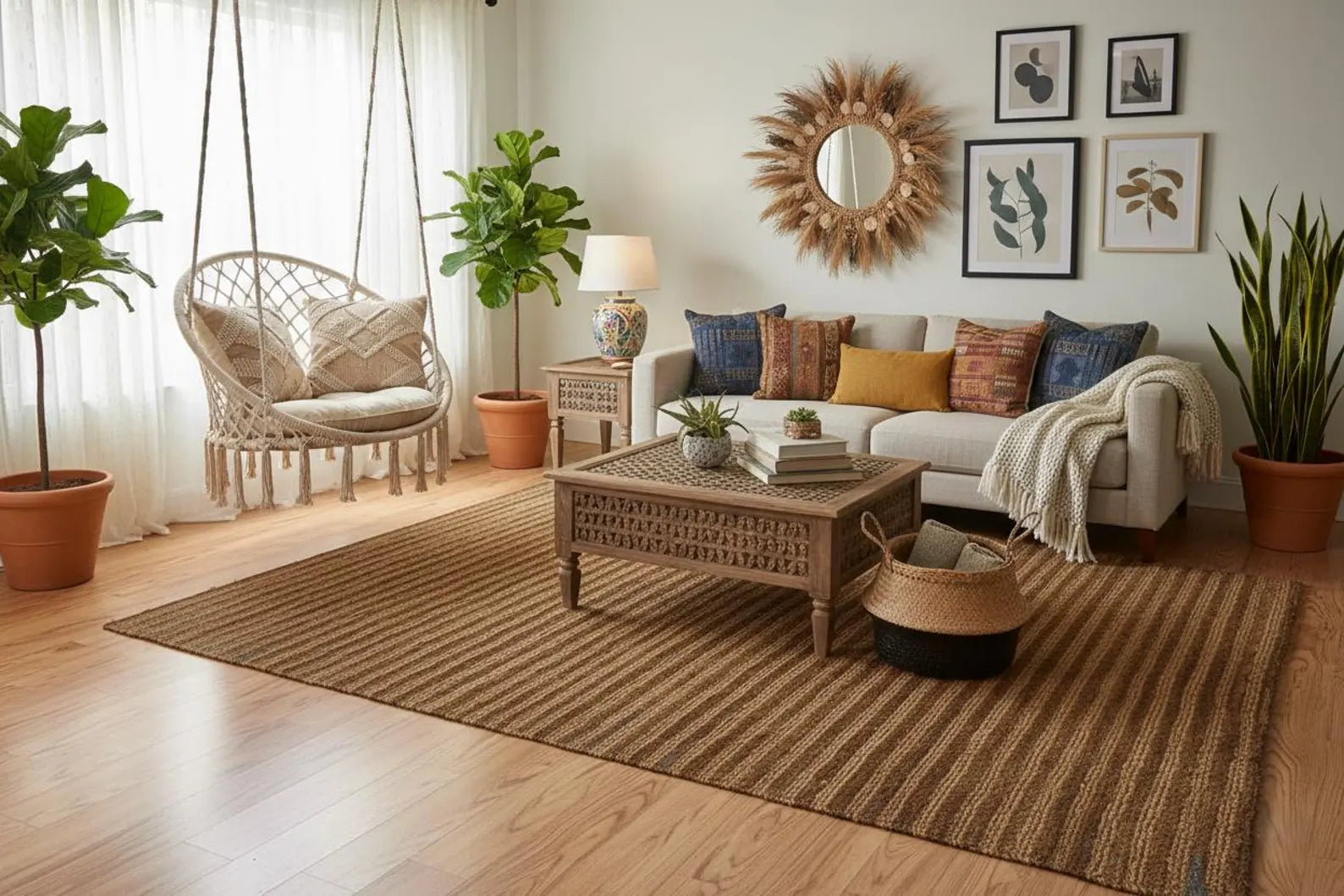 Natural Jute 6x8 Handwoven Area Rug, Textured Waffle Weave Brown with Gray accents