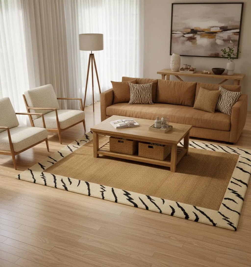 Handwoven Jute & Wool Area Rug 4x6 ft, Natural Fiber Rug with Wool Border
