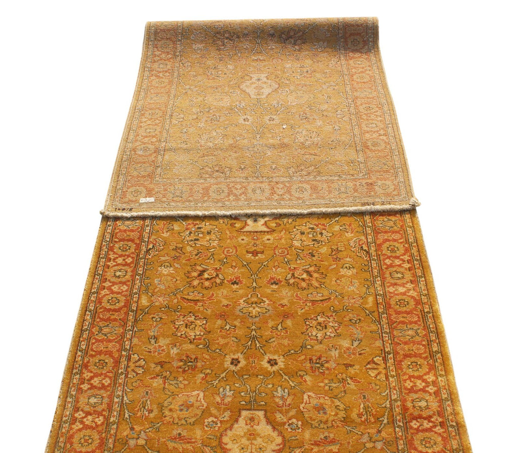 10 Ft Traditional Runner, Gold Wool Rug, Vintage Floral Persian Style Hallway Carpet