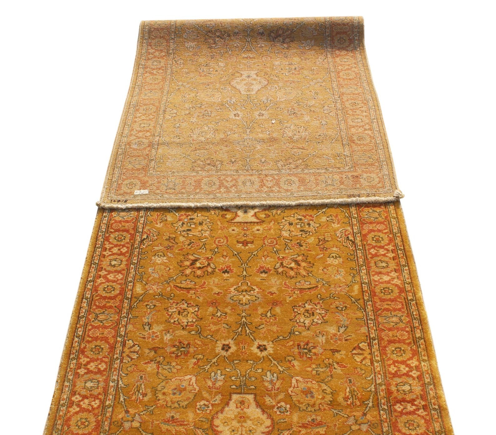 10 Ft Traditional Runner, Gold Wool Rug, Vintage Floral Persian Style Hallway Carpet
