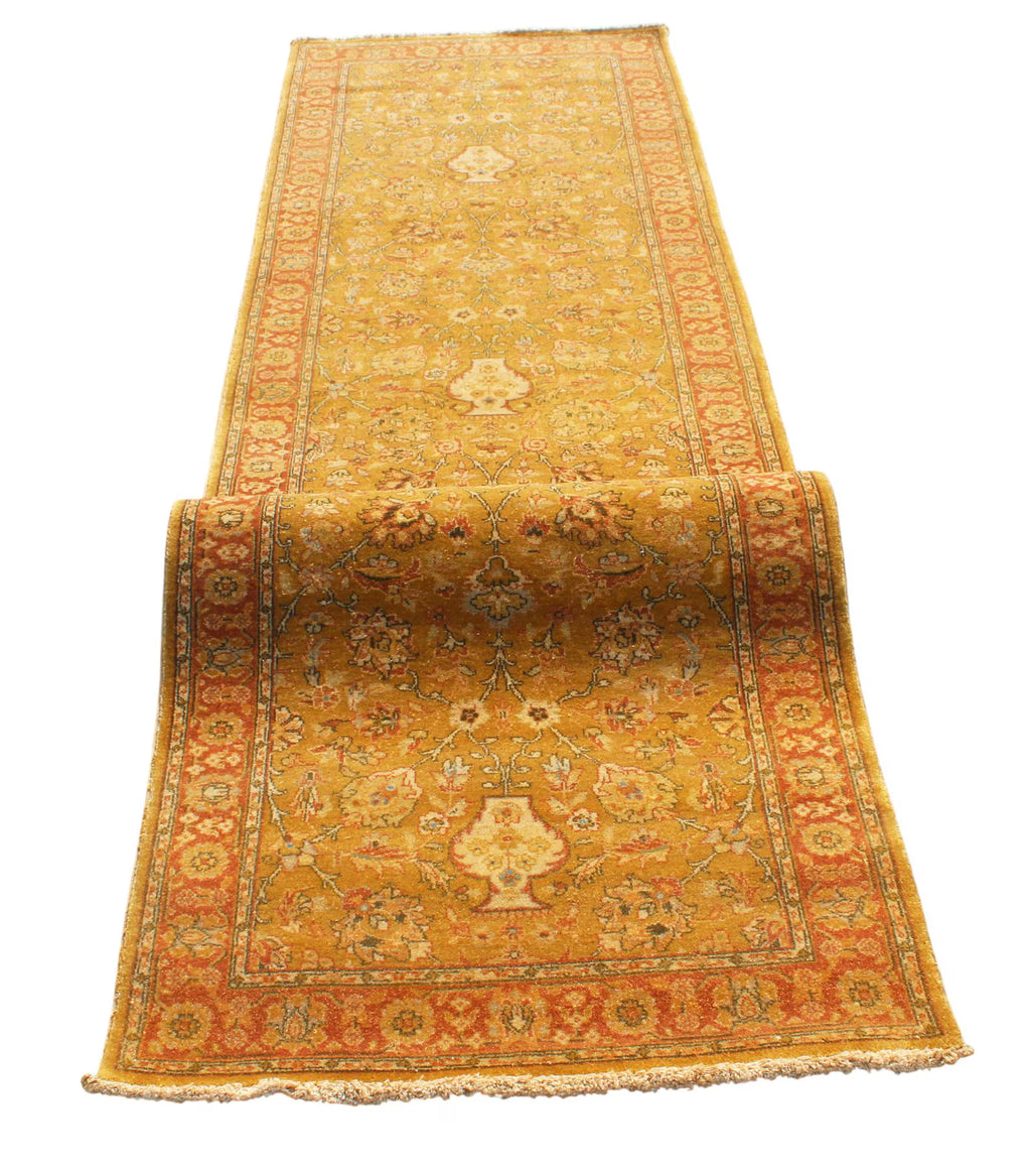 10 Ft Traditional Runner, Gold Wool Rug, Vintage Floral Persian Style Hallway Carpet