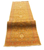 10 Ft Traditional Runner, Gold Wool Rug, Vintage Floral Persian Style Hallway Carpet