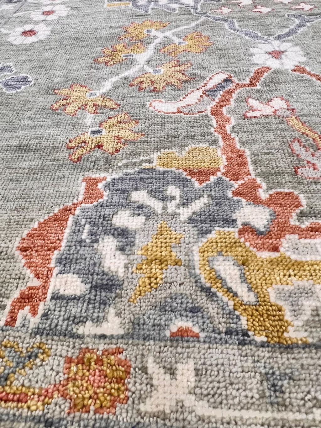 Bohemian Sage & Denim Hand-Knotted Oushak Wool Rug for living room