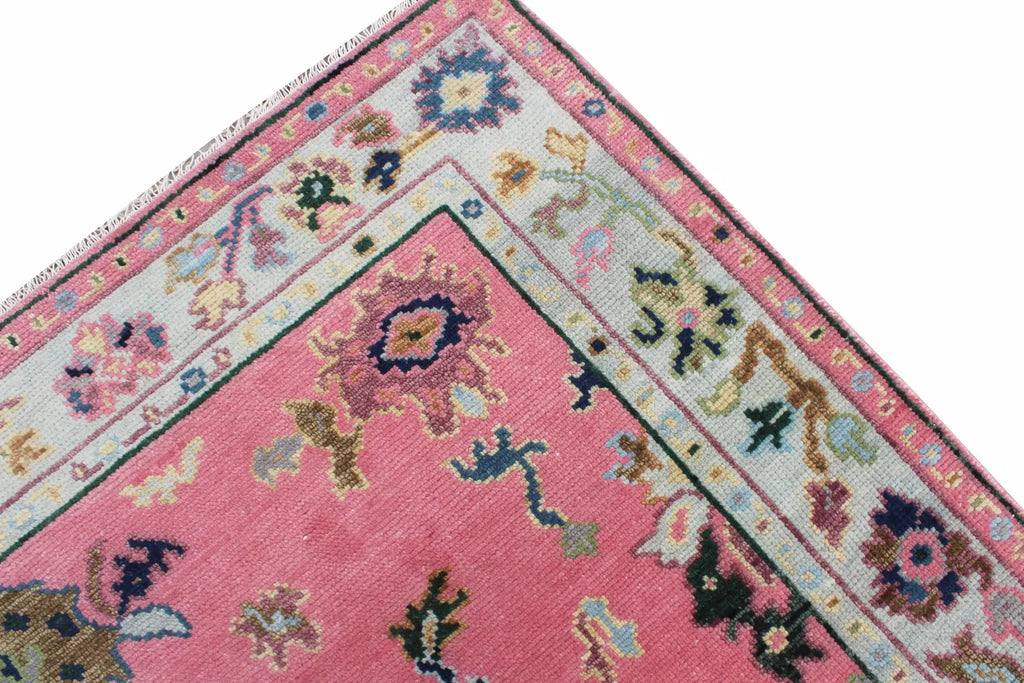 Hand Knotted Pink Oushak Wool Rug, Vintage Turkish Style