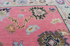 Hand Knotted Pink Oushak Wool Rug, Vintage Turkish Style