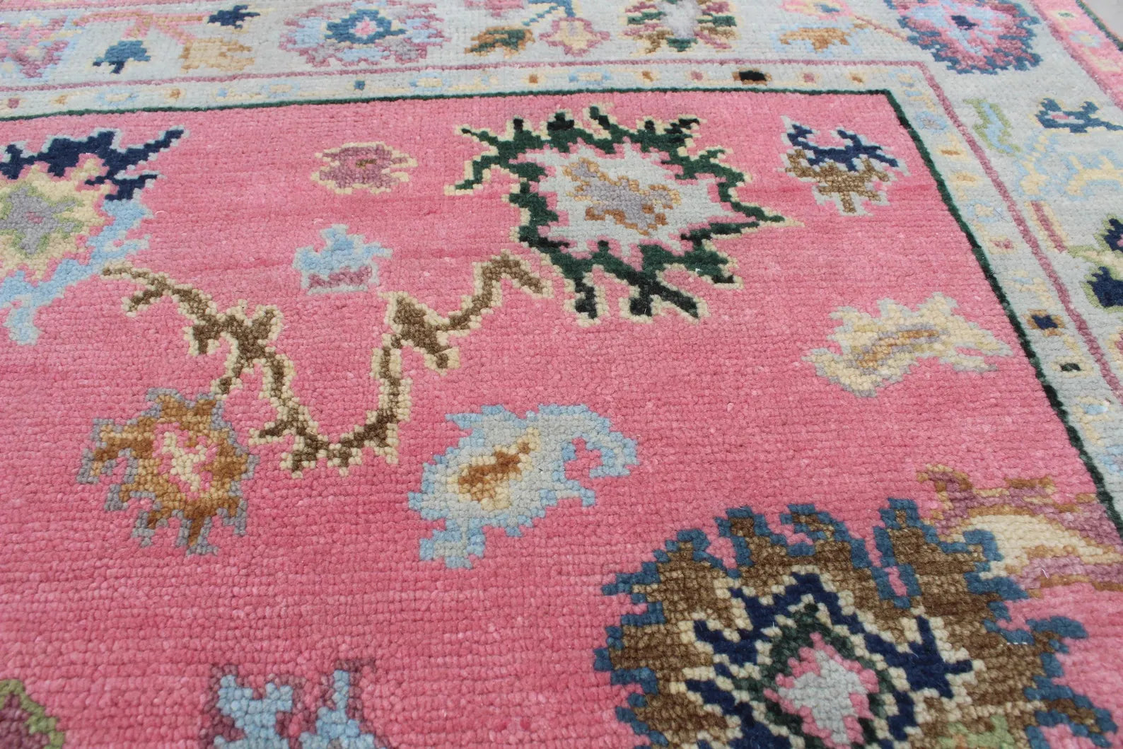 Hand Knotted Pink Oushak Wool Rug, Vintage Turkish Style