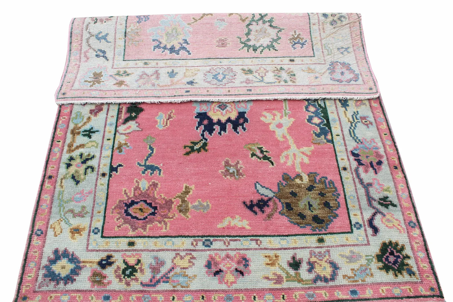 Hand Knotted Pink Oushak Wool Rug, Vintage Turkish Style