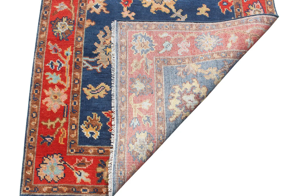 Hand Knotted Oushak Rug Blue Rust Turkish Wool Area Rug