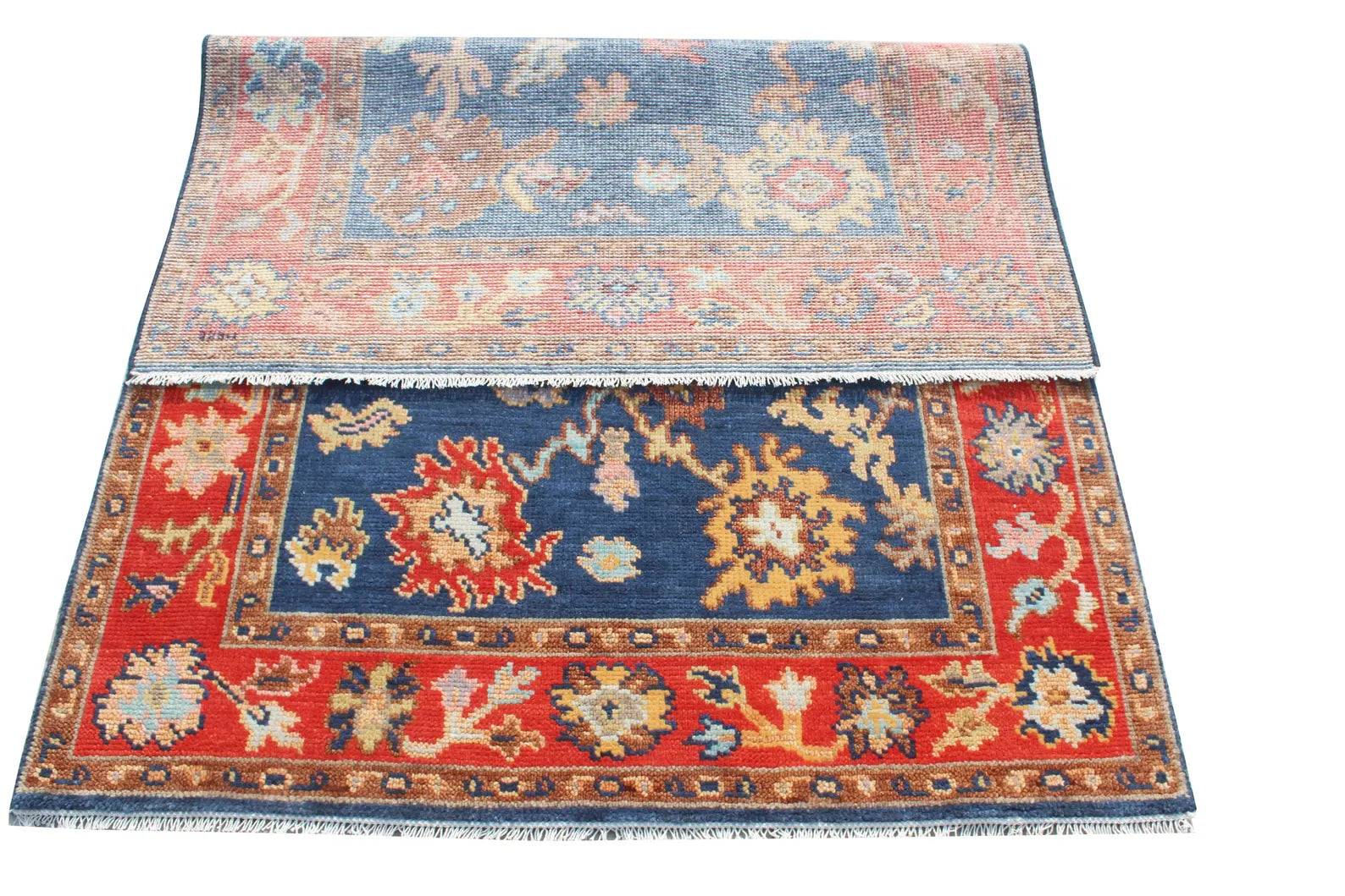 Hand Knotted Oushak Rug Blue Rust Turkish Wool Area Rug