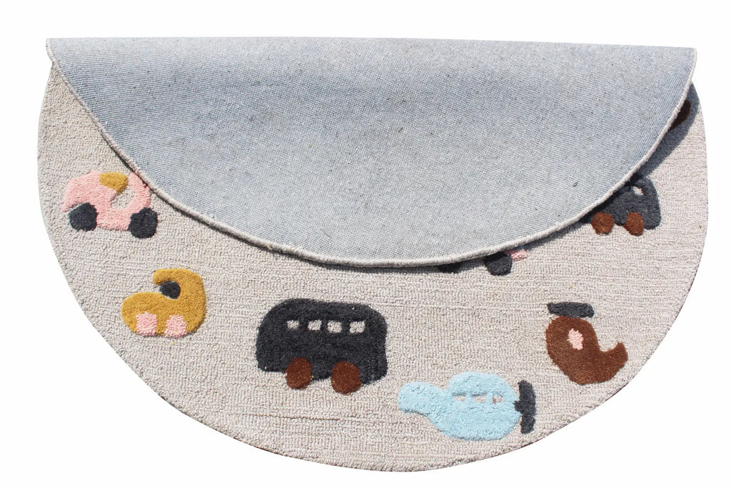 Round Hand-Tufted Kids Transportation Rug | Wool Nursery Decor