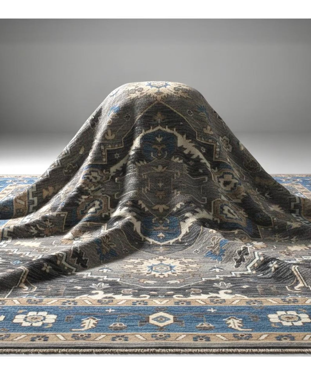 Grey Denim Hand Knotted Persian Heriz Serapi wool rug
