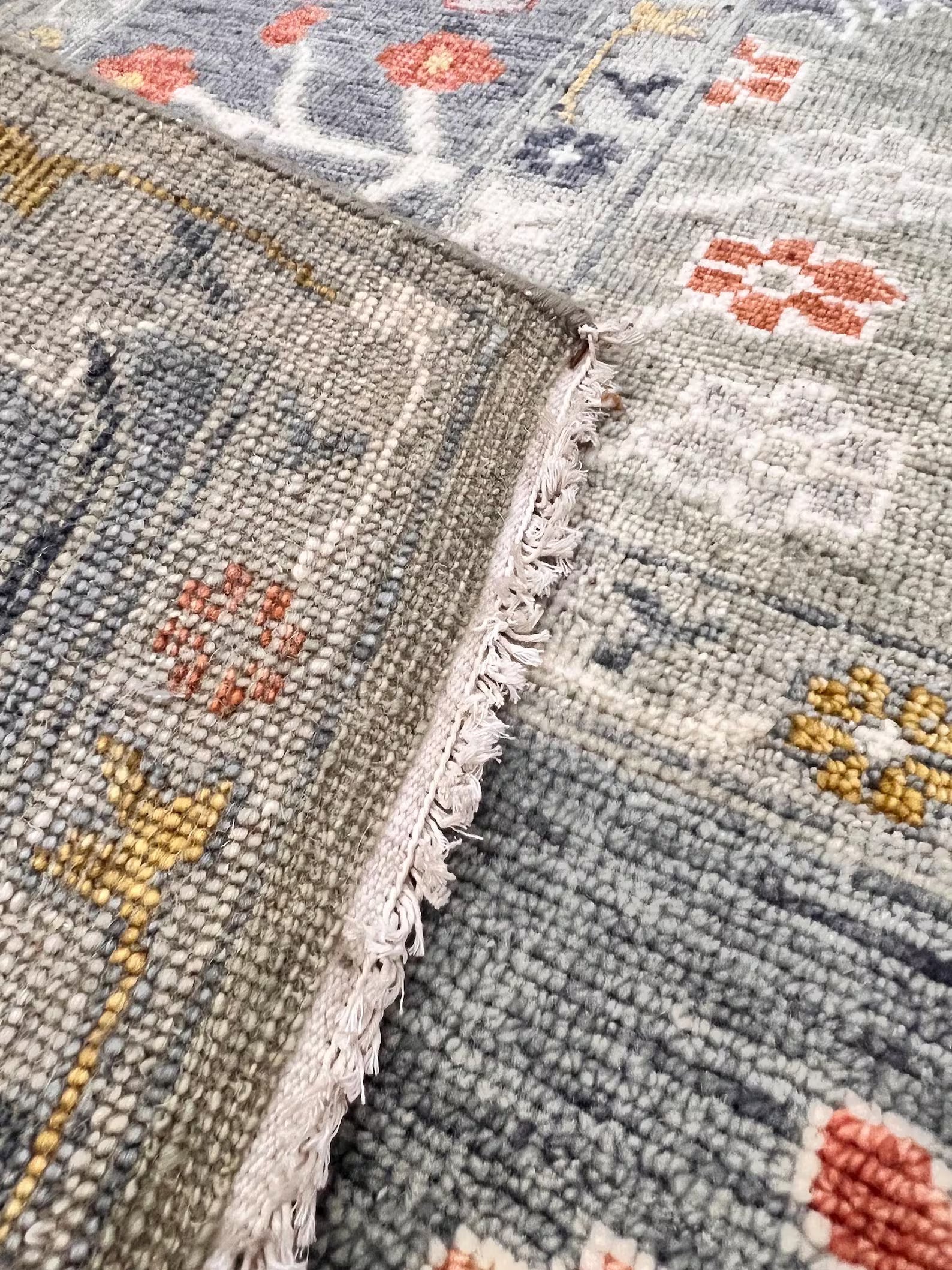 Bohemian Sage & Denim Hand-Knotted Oushak Wool Rug for living room