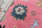 Hand Knotted Pink Oushak Wool Rug, Vintage Turkish Style