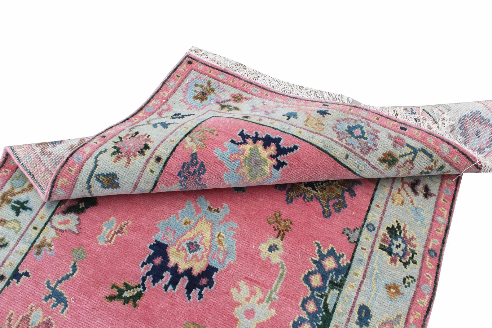 Hand Knotted Pink Oushak Wool Rug, Vintage Turkish Style
