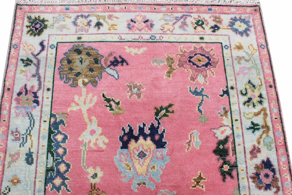 Hand Knotted Pink Oushak Wool Rug, Vintage Turkish Style