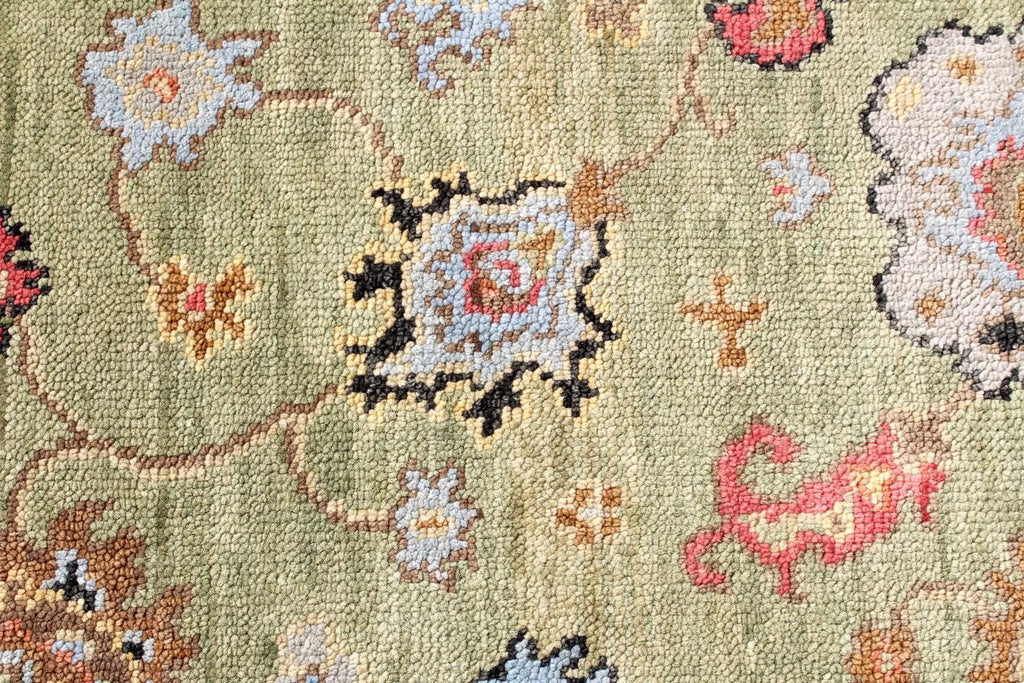 Hand Knotted Sage Green Oushak Rug, Large Floral Wool Area Rug