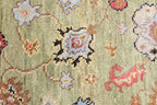 Hand Knotted Sage Green Oushak Rug, Large Floral Wool Area Rug