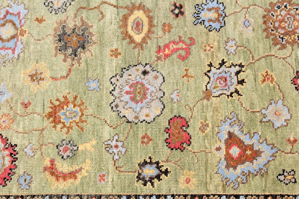 Hand Knotted Sage Green Oushak Rug, Large Floral Wool Area Rug