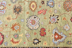 Hand Knotted Sage Green Oushak Rug, Large Floral Wool Area Rug