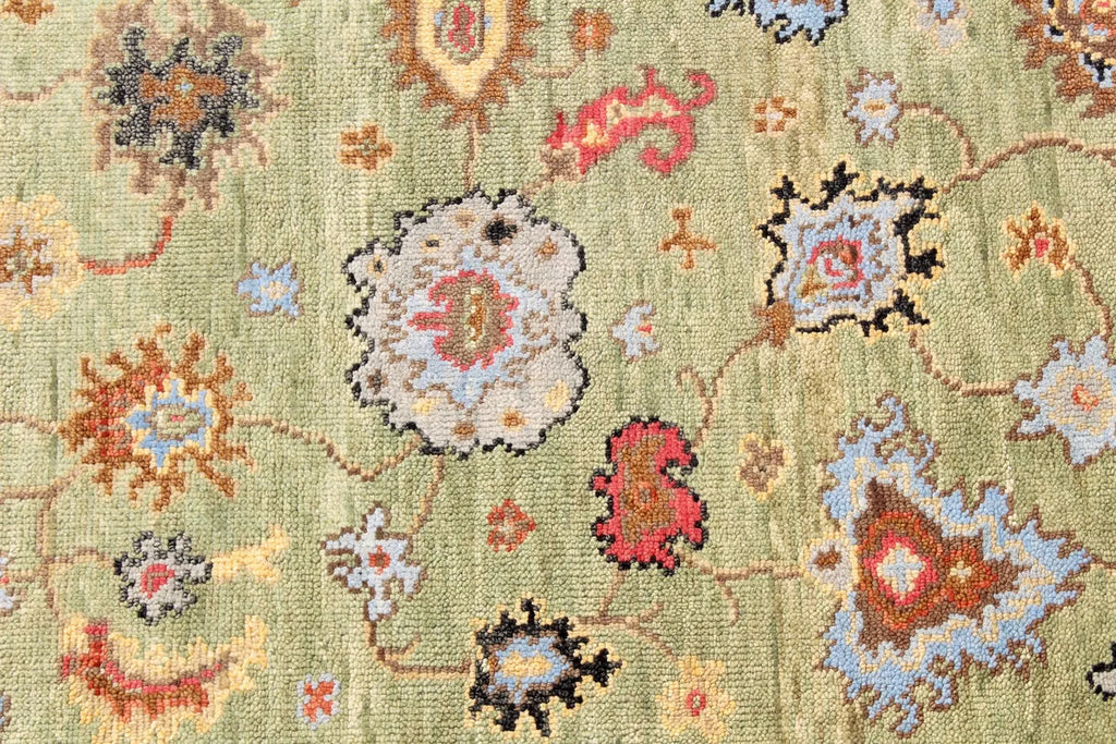 Hand Knotted Sage Green Oushak Rug, Large Floral Wool Area Rug