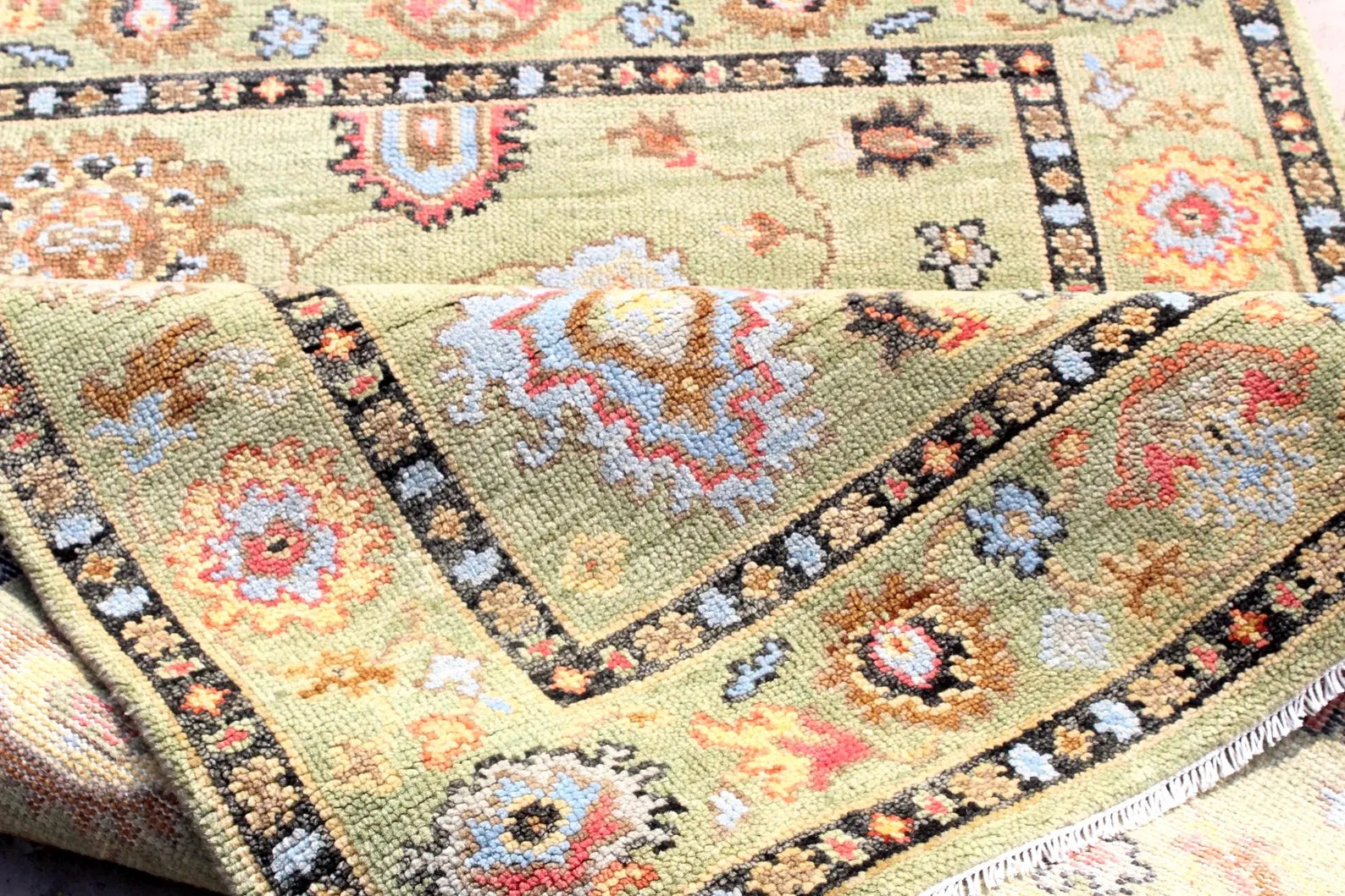 Hand Knotted Sage Green Oushak Rug, Large Floral Wool Area Rug