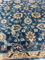 10x14 ft Hand-Knotted Indigo & Ochre Floral Wool Rug - 8x10 ft, 9x12 ft Modern Oushak Style
