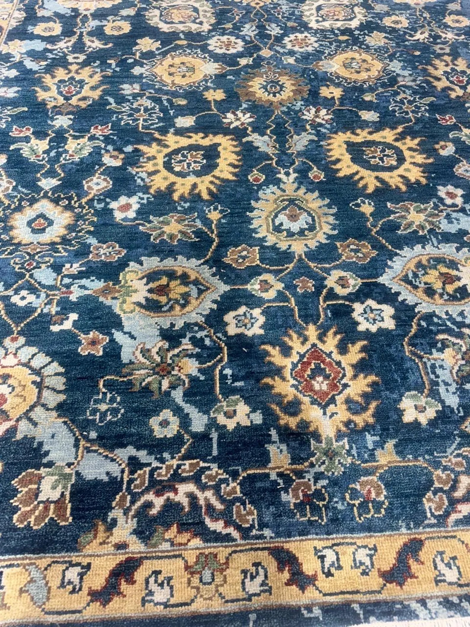 10x14 ft Hand-Knotted Indigo & Ochre Floral Wool Rug - 8x10 ft, 9x12 ft Modern Oushak Style