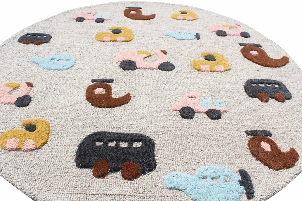 Round Hand-Tufted Kids Transportation Rug | Wool Nursery Decor