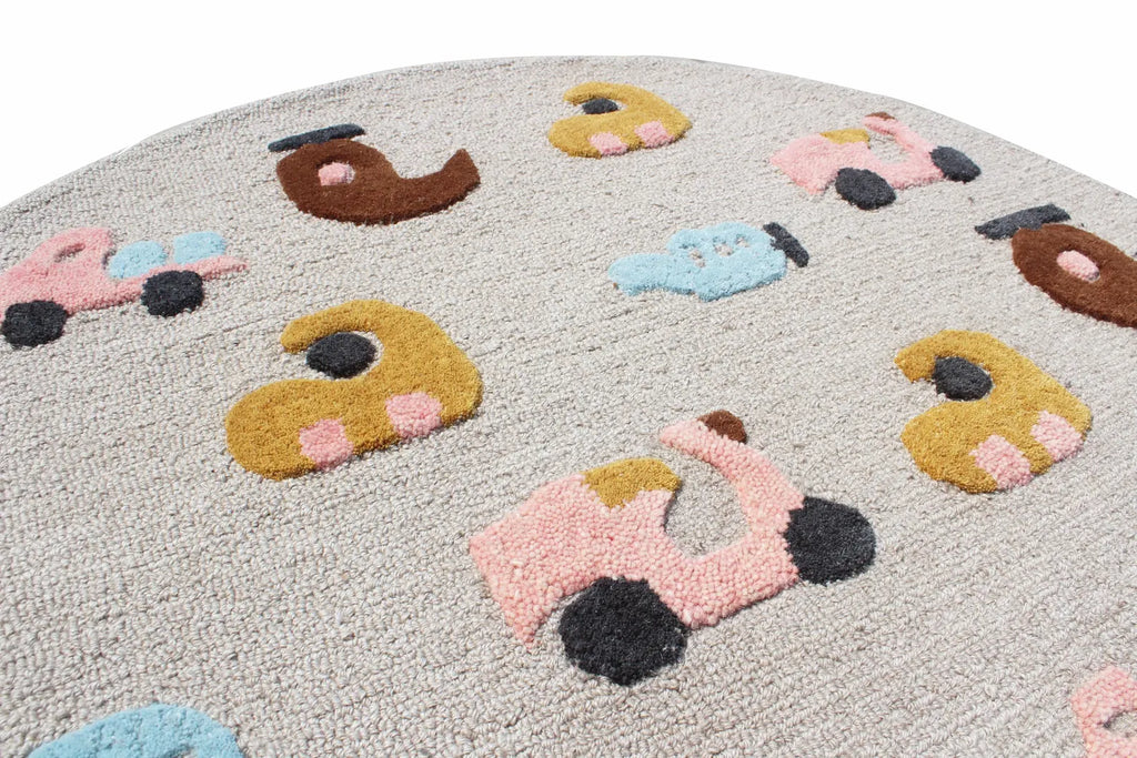 Round Hand-Tufted Kids Transportation Rug | Wool Nursery Decor