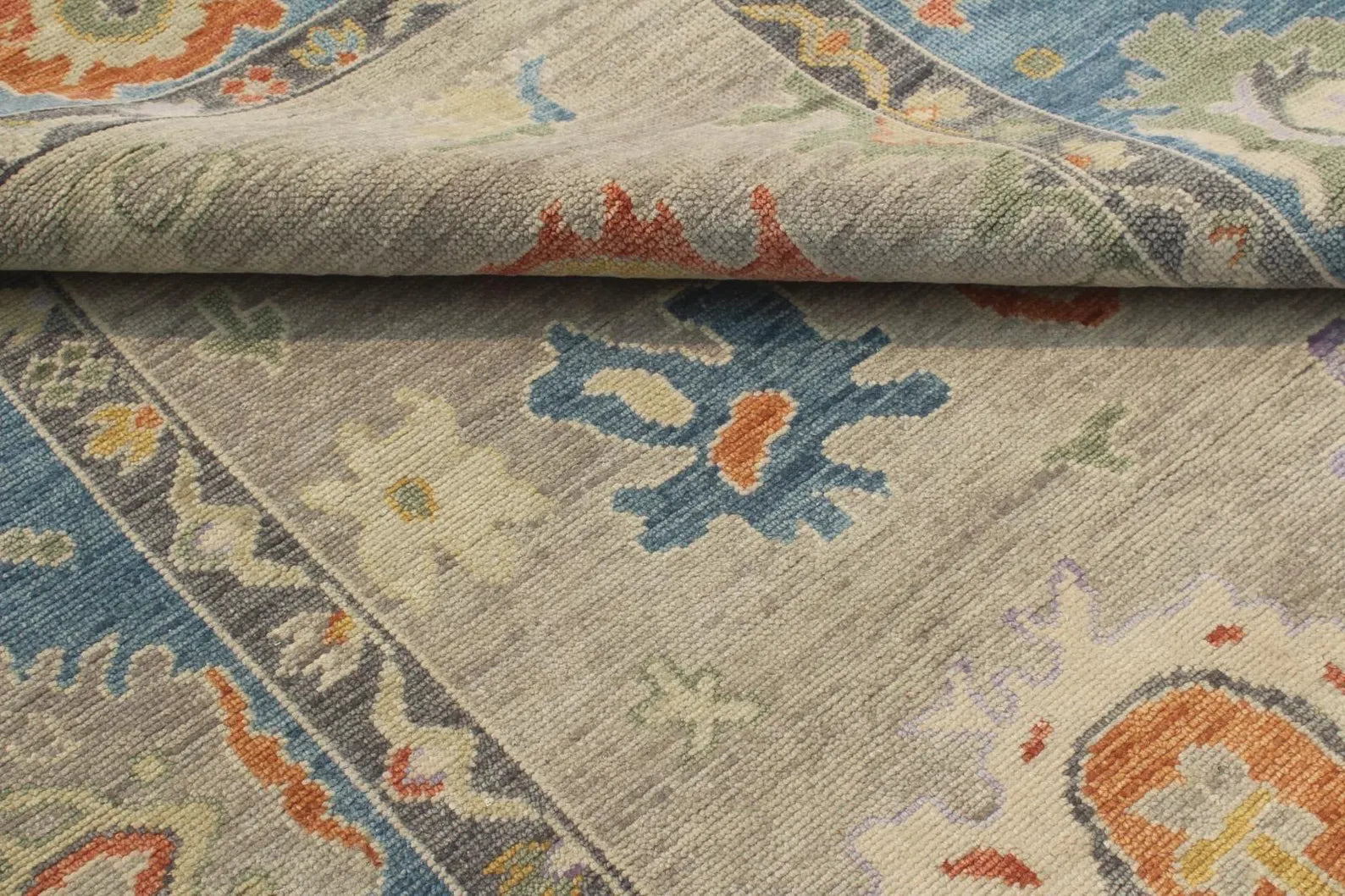 Hand-Knotted Oushak Wool Rug - Muted Blue & Terracotta Modern Transitional Design