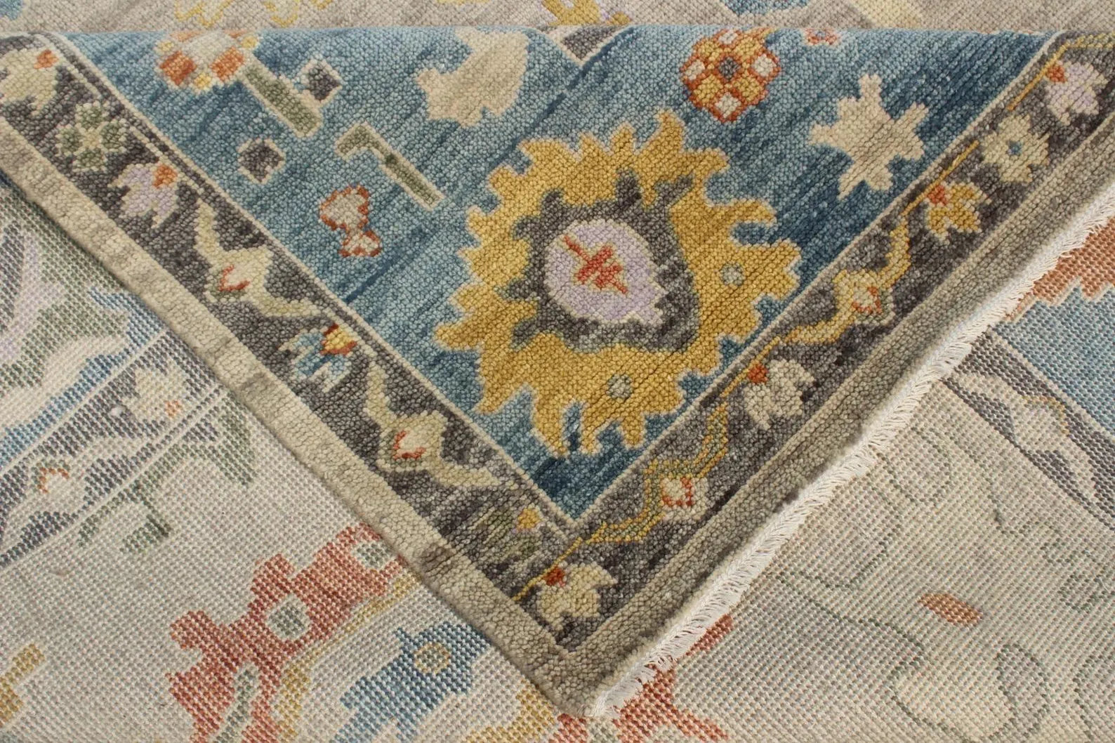 Hand-Knotted Oushak Wool Rug - Muted Blue & Terracotta Modern Transitional Design