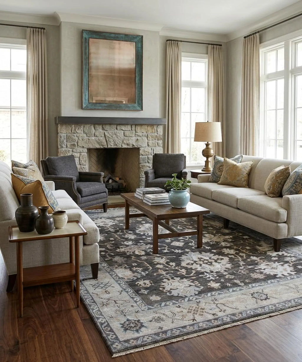 9X12 ft Charcoal Silver Hand Knotted area Rug