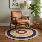 3 ft Boho Round Jute Rug | Navy, Gold & Burgundy Concentric Circles Area Mat | Hand-Woven Natural Fiber Home Decor