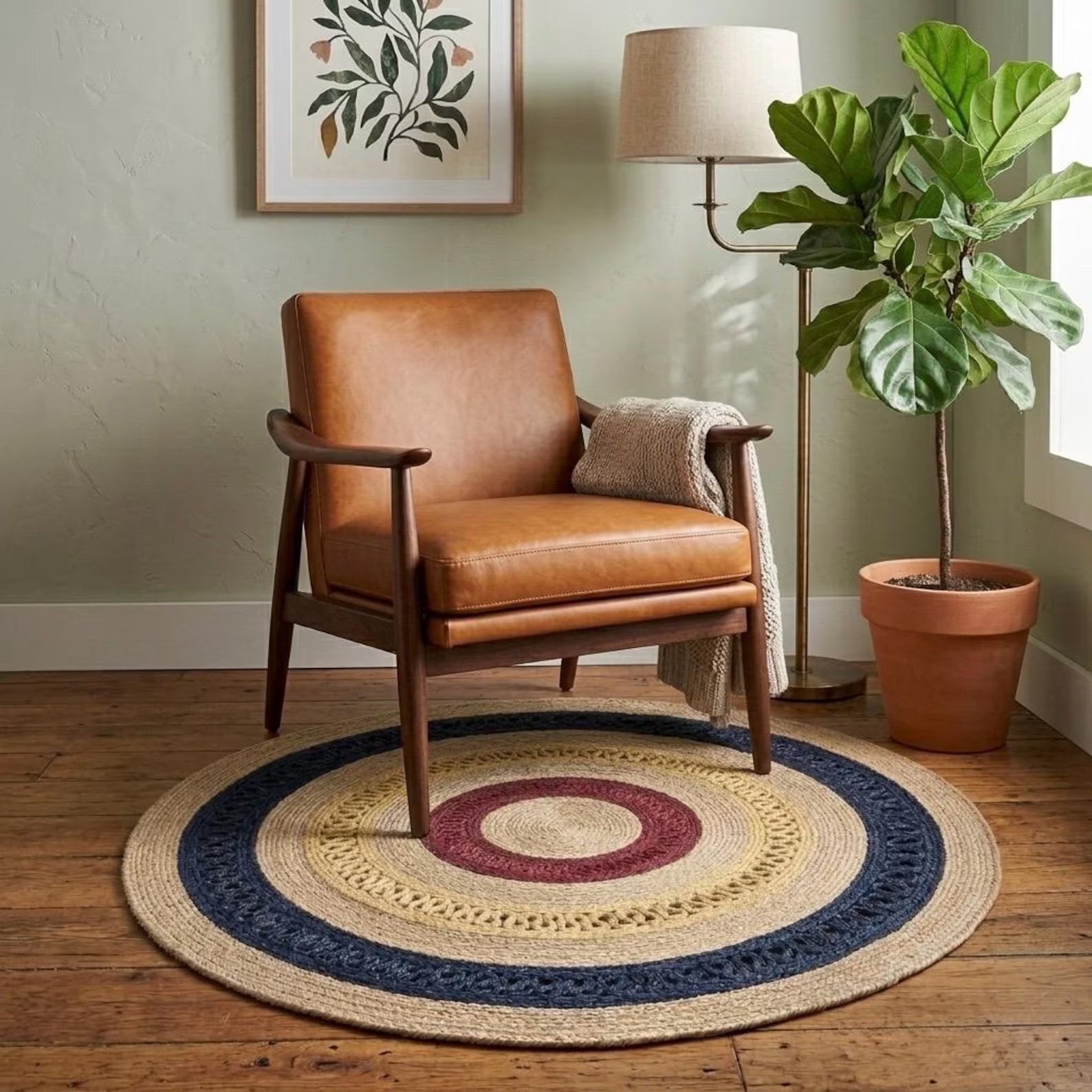 3 ft Boho Round Jute Rug | Navy, Gold & Burgundy Concentric Circles Area Mat | Hand-Woven Natural Fiber Home Decor