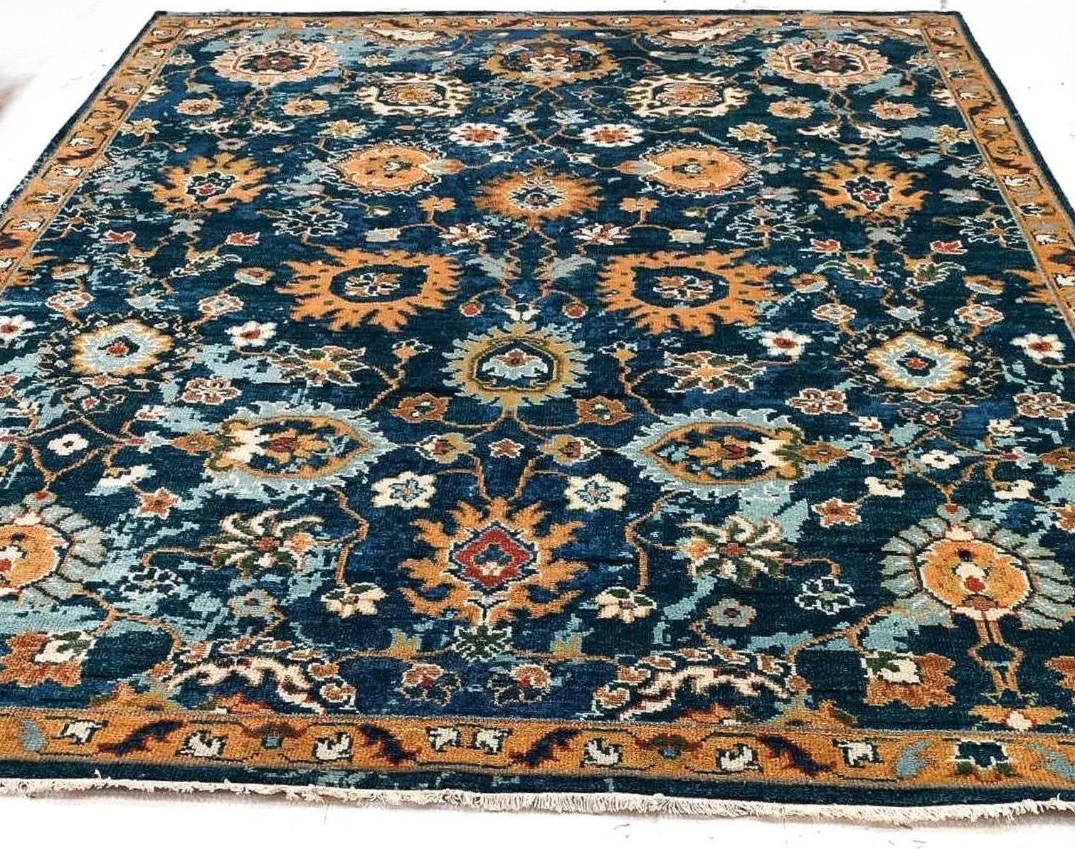 Hand-Knotted Navy & Gold Persian Wool Rug – Traditional Distressed Area Rug