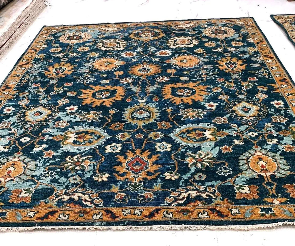 10x14 ft Hand-Knotted Indigo & Ochre Floral Wool Rug - 8x10 ft, 9x12 ft Modern Oushak Style