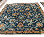 10x14 ft Hand-Knotted Indigo & Ochre Floral Wool Rug - 8x10 ft, 9x12 ft Modern Oushak Style