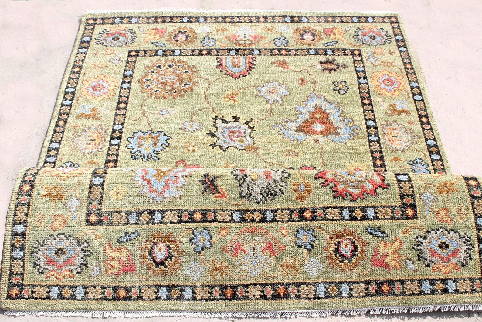 Hand Knotted Sage Green Oushak Rug, Large Floral Wool Area Rug