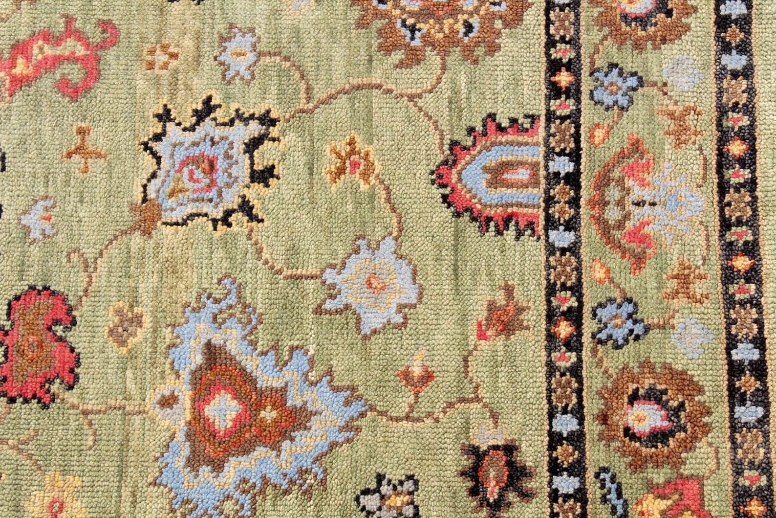 Hand Knotted Sage Green Oushak Rug, Large Floral Wool Area Rug