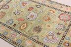 Hand Knotted Sage Green Oushak Rug, Large Floral Wool Area Rug