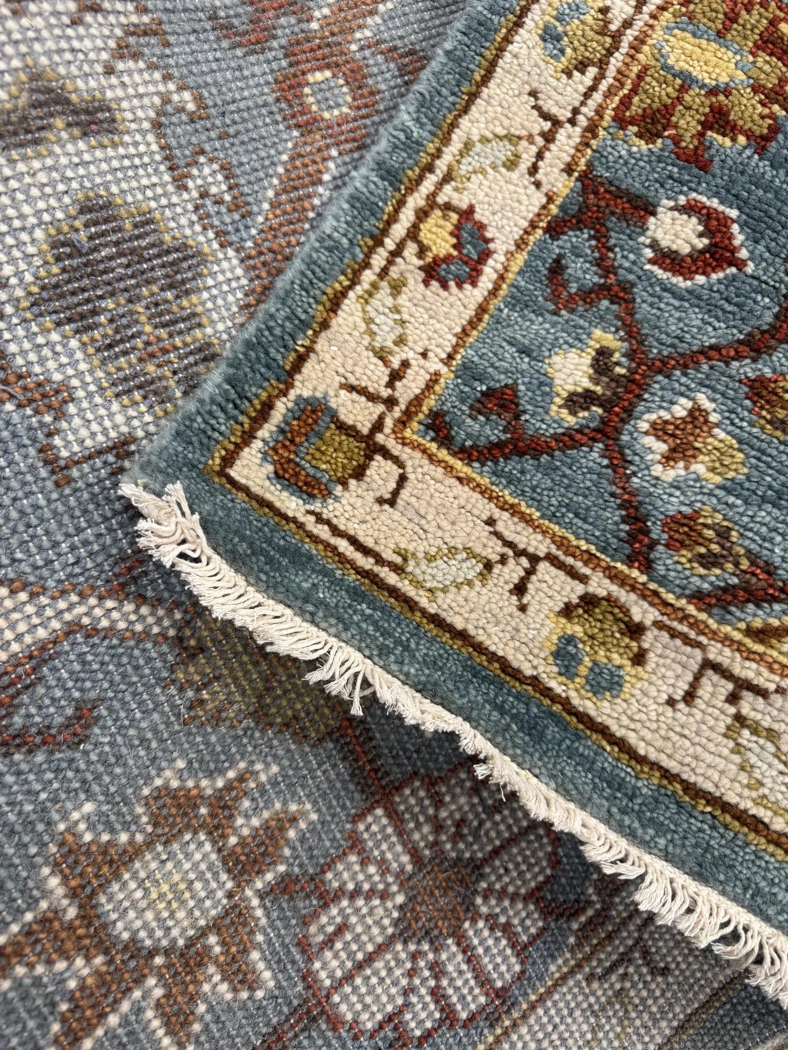 Hand-Knotted Persian Style Wool Rug – Slate Blue & Terracotta