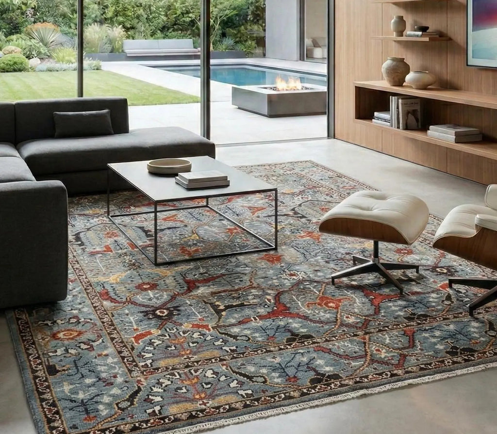 8x10 Hand-Knotted Wool Rug | Blue & Rust Traditional Persian Style